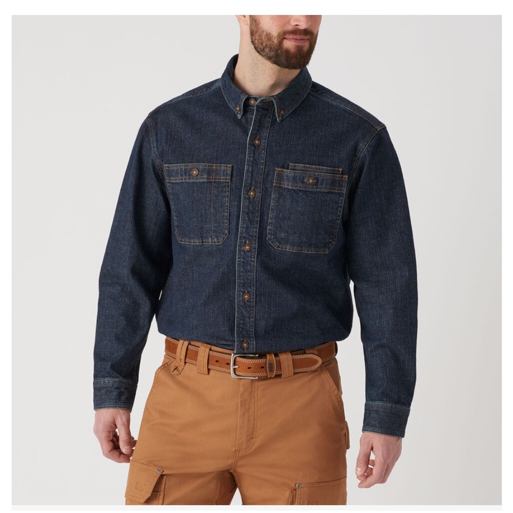 Duluth Trading Co Blue Jean Casual Button Down Shirt Free Swingin Denim Relaxed